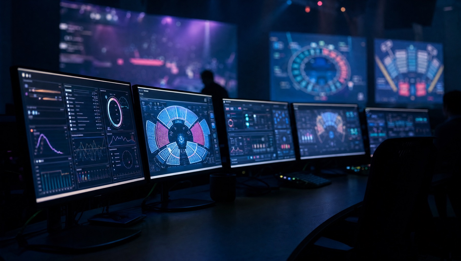Event operations command center with analytics displays